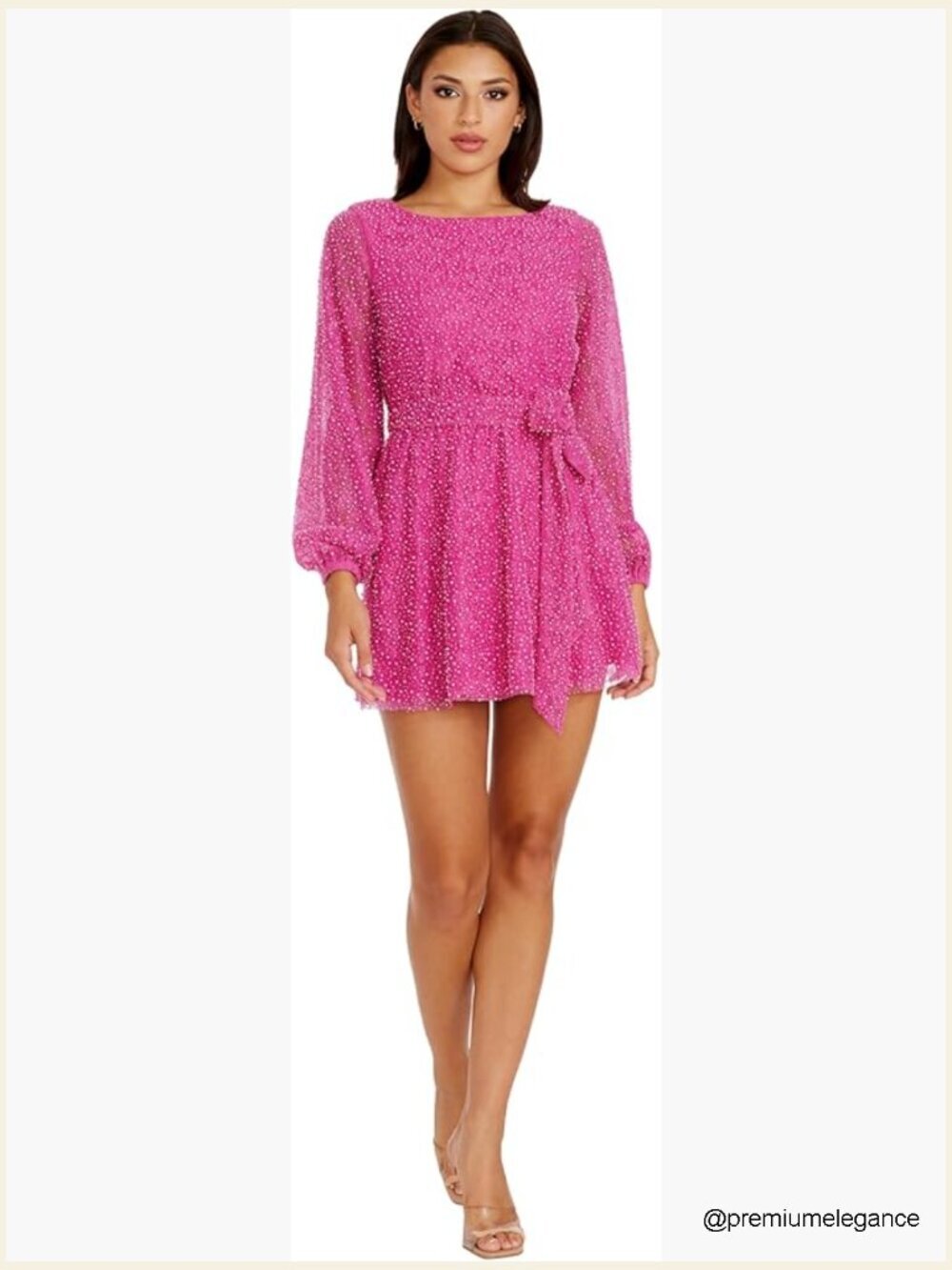 Beaded Shift Mini Dress, Long Bishop Sleeves, Zipper Closure, Nylon Blend